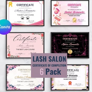 Printable Lash Artist Certificate 6PACK- Editable Training Award Template - Perfect for Beauty Classes - Custom Certificate - Lash Extension
