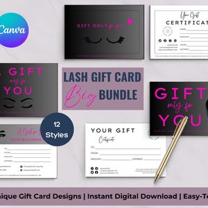 Plantilla de tarjeta de regalo de pestañas - Tarjeta de regalo de belleza editable - Descarga instantánea personalizable - Perfecta para pequeñas empresas - Gris - Paquete de 12