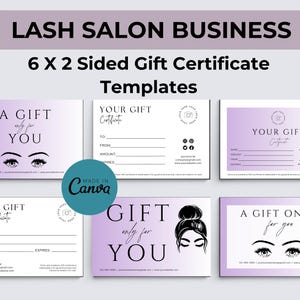 Plantilla de tarjeta de regalo de pestañas - Tarjeta de regalo de belleza editable - Descarga instantánea personalizable - Perfecta para pequeñas empresas - Púrpura - Paquete de 12