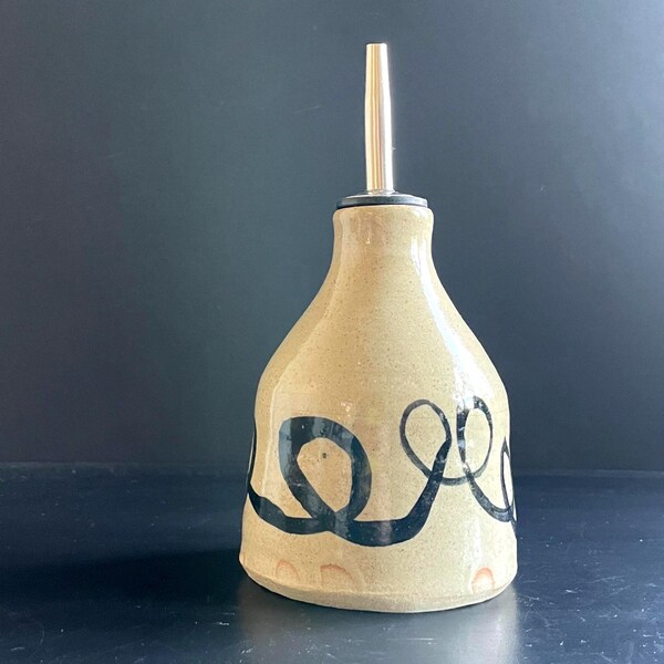 Handmade Ceramic Oil Pourer - Black Loops on Natural Clay, 250ml Capacity