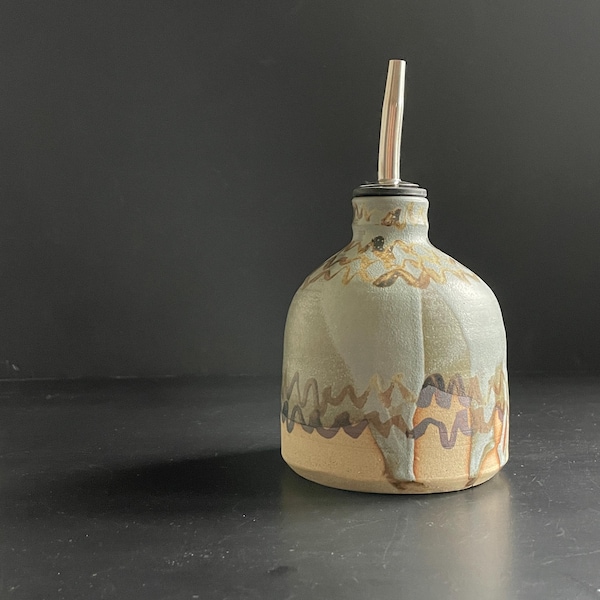 Handmade Ceramic Oil Pourer - Red Brown Abstract Patterns on Blue Glaze and Natural Clay, 250ml Capacity approx