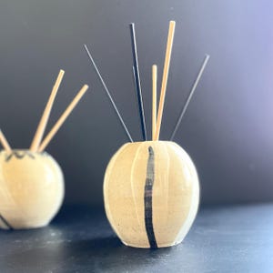 May include: Two beige ceramic reed diffusers with black vertical stripes. Each spherical vase holds black and light-coloured reeds. The background is dark.