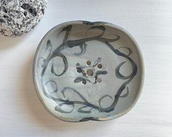 Hand-Painted Ceramic Soap Dish: Blue Grey Swirls, Unique Stoneware Gift