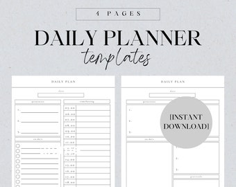 May include: Two black and white printable daily planner templates with headings "Daily Plan" and "Priorities", "To-do's", "Time Blocking", and "Gratitude". The text "Instant Download" is in a gray circle on the right page.
