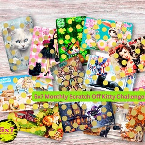 Könnte beinhalten: Ein Set mit 10 bunten Rubbelkarten mit Katzen und Kätzchen. Jede Karte zeigt einen anderen Monat des Jahres und ein Raster mit Kreisen zum Freirubbeln. Die Karten sind für eine monatliche Herausforderung konzipiert.