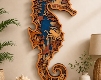 Layered Seahorse Wall Art | Coastal Ocean Decor | Handmade Wooden Seahorse Sign | Nautical Beach House Wall Hanging | Laser Cut Sea Life Art