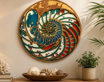 Nautilus Shell Layered Wood Wall Art | Coastal Ocean Decor | Beach House