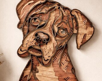 3D Boxer Dog Wall Art; Multi Layered Stained Wood Wall Decor