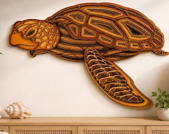 3D Sea Turtle Wood Wall Art – Layered Ocean Life Decor