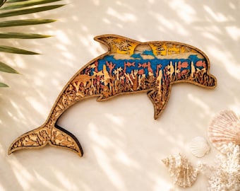 3D Dolphin Wood Wall Art – Layered Ocean Beach Decor