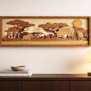 3D Jungle Scene Wood Wall Art: Multi Layer Stained Wood with Elephant, Giraffe, Rhinoceros