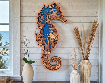 Layered Seahorse Wall Art | Coastal Ocean Decor | Handmade Wooden Seahorse Sign | Nautical Beach House Wall Hanging | Laser Cut Sea Life Art