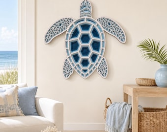 TURTLE Whitewash-Blue Wood Wall Art