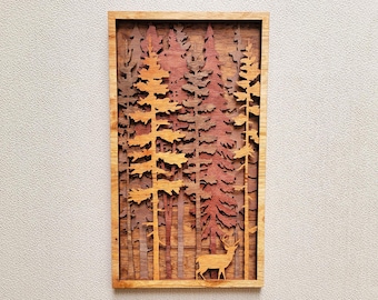 Deer in Forest Wood Wall Art: Wildlife Cabin Decor