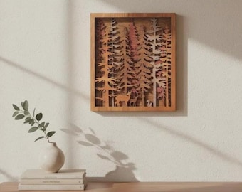 3D Forest Pine Trees w Wildlife Wood Wall Art