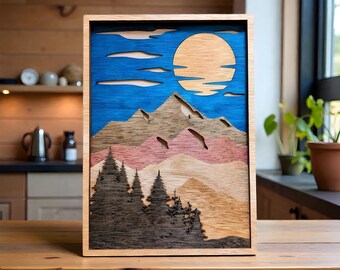 3D Mountain Scene with Sun Wall Art: Handcrafted Stained Wood Cabin Decor