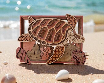 3D Turtle in Underwater Reef Scene Wood Wall Art – Layered Ocean Life Decor