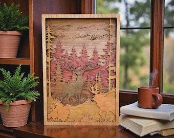 3D Elk & Buck Wood Wall Art: Handcrafted Stained Multi Layered Cabin Decor