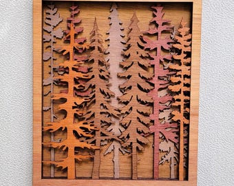 3D Forest Pine Trees Scene : Stained Wood Art