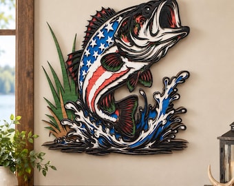 Patriotic LARGE MOUTH BASS Wood Wall Art