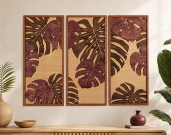 TROPICAL LEAVES – BURGUNDY Wood Wall Art