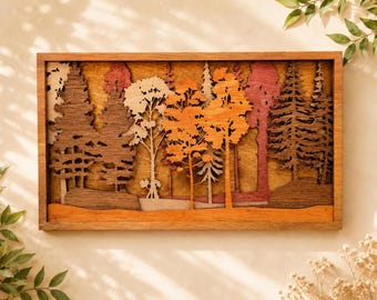 3D Forest Scene Wall Art: Stained Wood Cabin Decor