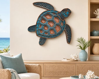 TURTLE Turquoise-Brown Wood Wall Art