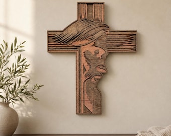 Wood Cross with Jesus Face Wood Wall Art: 3D Laser Christian Home Decor