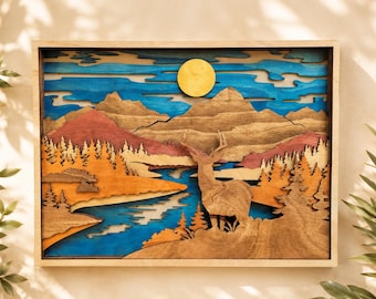 3D Deer & Mountain Scene: Multi Layered Stained Wood Wall Art