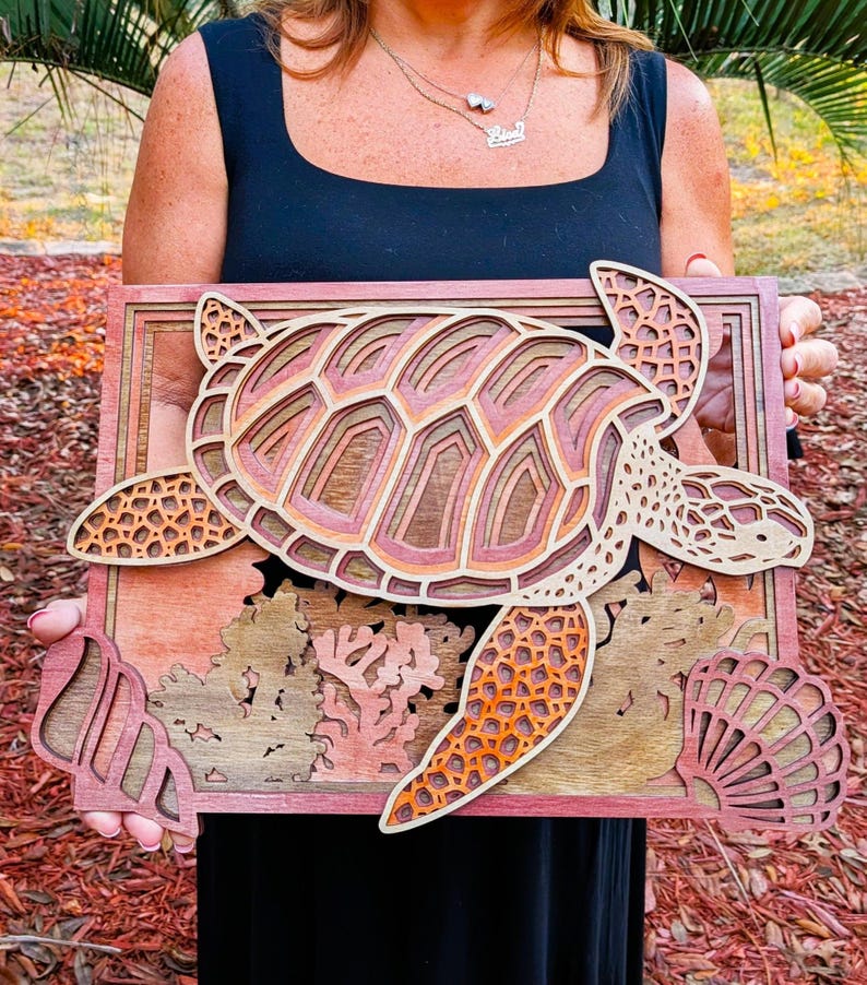 3D Turtle in Underwater Reef Scene Wood Wall Art – Layered Ocean Life ...