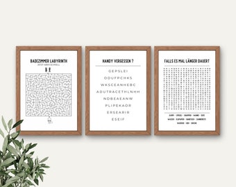 Badezimmer Wandkunst / Drei Stück Druck Set / Forget your phone / Wortsuche / Puzzlespiel / Badezimmer Bundle / Badezimmer Dekor / Download