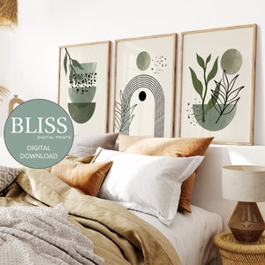 Sage Green Wall Art, Green Botanical Prints, Boho Home Decor, Boho Botanical Artwork, Set of 3 Prints, Boho Wall Art