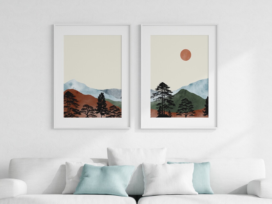 Mountain Art Print Set, Landscape Wall Art, Watercolor Mountain Print ...