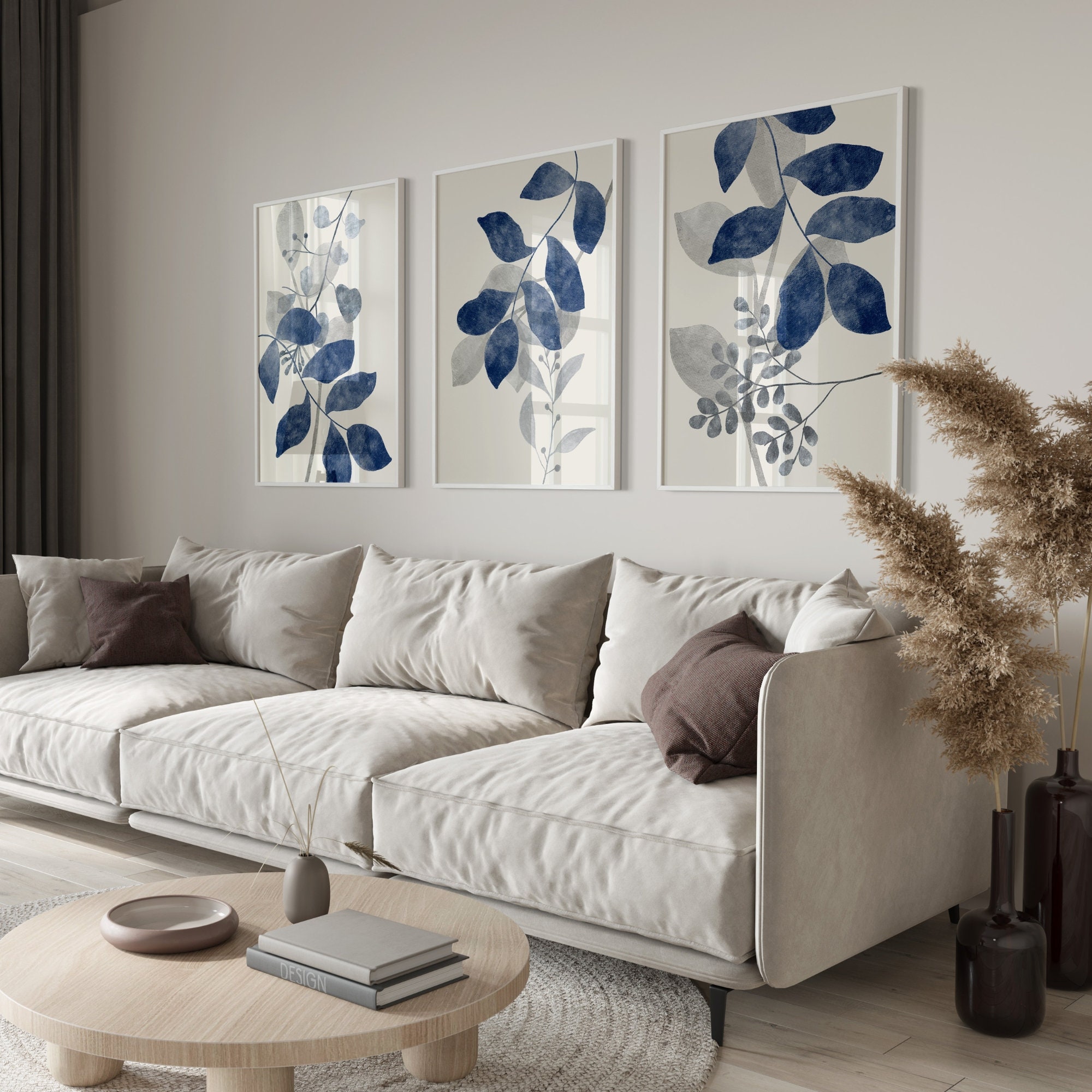 Blue Flower Wall Prints, Botanical Wall Prints, Set of 3 Prints, Blue ...