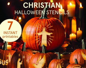 7 Christian Halloween Pumpkin Carving Stencils,Printable Religious Carving Templates JPG,Jesus Fall Jack-o-Lantern Stencil Faith,God,Prayer