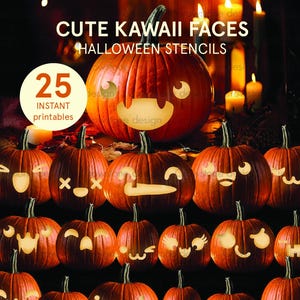 May include: A collection of carved orange pumpkins with various cute kawaii faces, perfect for Halloween. The image includes the text "CUTE KAWAII FACES HALLOWEEN STENCILS" and "25 INSTANT PRINTABLES". Lit candles provide a warm glow.