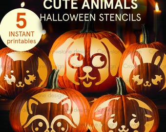 5 Cute Baby Animals Halloween Pumpkin Carving Stencil,Cute Kawaii face Animal Pumpkin Clip art,Jack-o-Lantern Stencil printable,Kids Crafts
