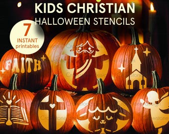 7 Kids Christian Halloween Pumpkin Carving Stencils,Printable Religious Carving Templates JPG,Jesus Jack-o-Lantern Stencil Faith,God,Prayer