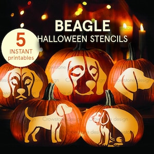 Może przedstawiać: Pięć rzeźbionych dyń z wzorami psów beagle, idealnych na Halloween. Dynie są pomarańczowe z wyciętymi sylwetkami psów. Tekst brzmi "BEAGLE HALLOWEEN STENCILS" i "5 INSTANT printables".