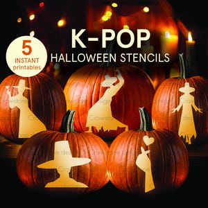 May include: Five orange pumpkins with K-Pop Halloween stencil designs. Each pumpkin features a different silhouette design, including a person in a hat, a person dancing, and a hand making a heart shape. The words "K-Pop Halloween Stencils" are at the top.