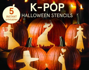 5 K-pop Music Halloween Pumpkin Carving Stencils,Printable Teenagers Carving Templates, Fun Kpop Music Fans Jack-o-Lantern Printable Stencil