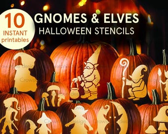 10 Gnomes Elves Magic Halloween Pumpkin Carving Stencils, Enchanted Forest Fall Pumpkin Clip art,Fairytale Jack-o-Lantern printable template