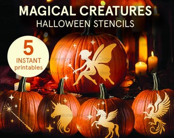 Bundle of 5 Magical Halloween Pumpkin Carving Stencils, Enchanted Forest Fall Pumpkin Clip art, Fairytale Jack-o-Lantern printable template