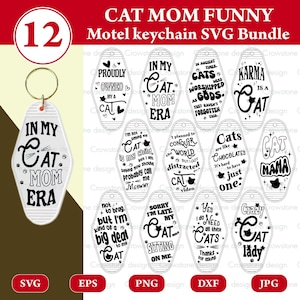 Lot de 12 porte-clés motel drôle chat maman SVG, svg porte-clé rétro, idées cadeaux pour amoureux des chats, svg à l'époque de ma maman chat, dame chat fou, usage commercial svg