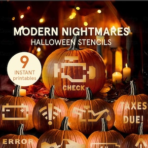 May include: Nine carved pumpkins with Halloween stencils. The pumpkins are orange and feature designs including a check engine light, a battery, and the text "TAXES DUE!". The words "MODERN NIGHTMARES" and "HALLOWEEN STENCILS" are also visible. The image includes candles.