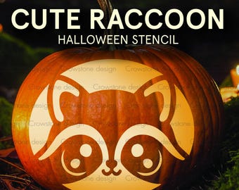 Cute Raccoon Face Halloween Pumpkin Carving Stencil, Feral Woodland Animal Pumpkin Clip art,Trash Panda Jack-o-Lantern Stencil printable