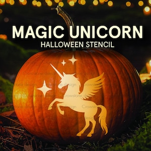 May include: A carved orange pumpkin with a unicorn stencil design and the words "MAGIC UNICORN HALLOWEEN STENCIL". The unicorn has a horn, wings, and is surrounded by stars. The background is dark with bokeh lights.