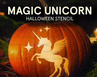 Magic Unicorn Halloween Pumpkin Carving Stencil,Enchanted Forest Fall Pumpkin Clip art,Jack-o-Lantern Stencil,kids cute printable template