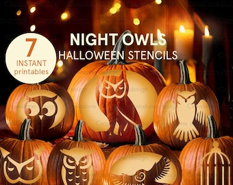 7 Owls Halloween Pumpkin Carving Stencil, Magical Night Pumpkin Clip art,Jack-o-Lantern Stencil Night owl, cute printable Halloween template