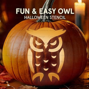 May include: A carved pumpkin with an owl stencil design. The pumpkin is orange with a dark green stem. The text "FUN & EASY OWL HALLOWEEN STENCIL" is at the top.